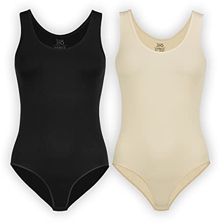 UnsichtBra 2er Set Body Damen Weiß | Komfortträger Damenbodys | Wohlfühl Unterwäsche Weiss Schwarz Beige (Schwarz, Beige, S-M)