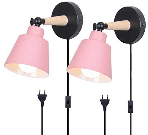 TOKIUS 2 Stücke Wandleuchten, Moderne Wandlampe aus Metall und Holz Deko E27 Fassung Verstellbarer Wandbeleuchtung Innen Wandlampe für Schlafzimmer Wohnzimmer Korridor (Rosa, Mit Stecker Schalter)