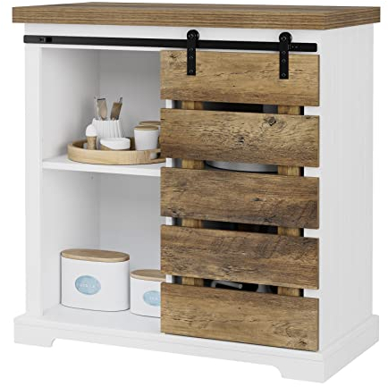 HOCSOK Buffet, Meuble de Rangement, Placard avec Porte Coulissante Imitation Grange, pour Cuisine, Salle à Manger, Salon, Couloir, Style Industriel, Vintage Marron et Blanc, 80,5x40x82,5 cm