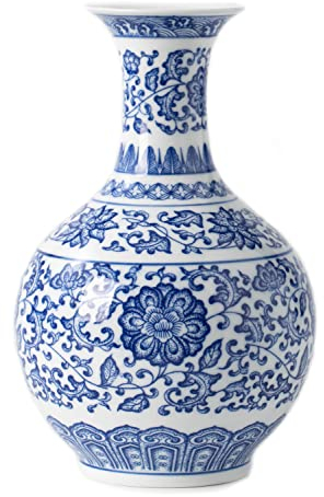 Blaue und weiße Vasen-Dekoration, Keramik, Chinoiserie, dekorative Vase für Zuhause, Büro, Blumenvase, Pozelan, glänzende Vase für Tisch, Wohnzimmer, Bücherregal, Kaminsims, Tafelaufsätze, 24,1 cm