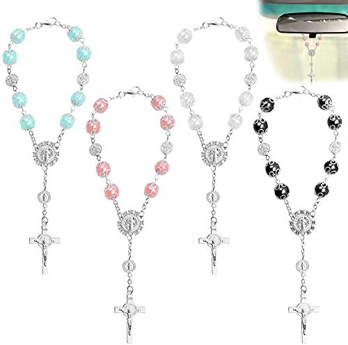 4 Stück Rosenkranz-Perlen, katholisch, FineGood Kreuz, Autospiegel, Hängezubehör für Frauen, Segen, Rückspiegel-Anhänger, Auto-Dekoration, Innenraum