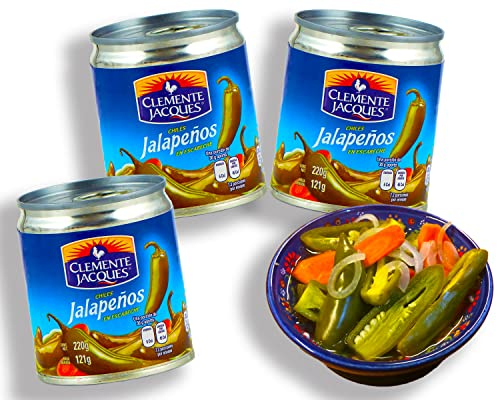 Jalapenos eingelegt Chilli Schoten ganz - (Pack von 3) je 220gr scharfe Jalapeno ganze Schote aus Mexiko von Clemente Jacques