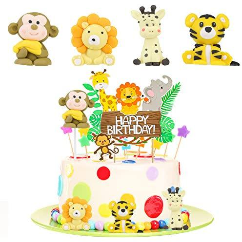 Tortendeko Waldtiere Kuchen Deko Geburtstag: 4 Waldtiere Figuren 1 Happy Birthday Tortendeko, Cupcake Topper Tiere Kindergeburtstag Deko Torte Dschungel Party Kuchendeko Geburtstagsdeko