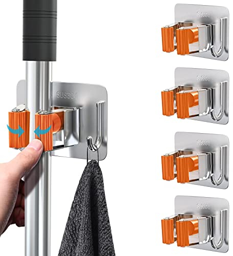 homeasy Mop Broom Holder, 4 Pcs Stainless Steel Self Adhesive Mop Holder Wall Mounted with Hooks Hanger Self-Adhesive Broom Holder (Orange)