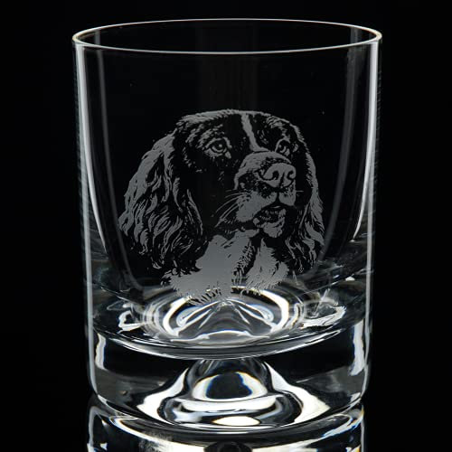 GLYPTIC GLASS ART 'Springer Spaniel' Dog Head Placement Hand Etched/Engraved Whiskey Tumbler Glass
