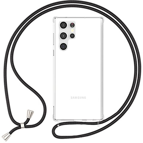 NALIA Handykette für Samsung Galaxy S23 Ultra - Hülle, Mitternacht Schwarz | Kordel ca. 1,60m für Crossbody, Ösen fest im Rahmen eingegossen, Massive Metallenden, Verstärkte Ecken, HANGIT PRO