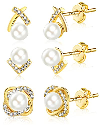 ASH'S CHOICE Pearl Stud Earrings, 3 Pairs 14k Goldplated Pearl Earrings Set for Women, Gold Large Freshwater Cultured Pearl Studs, Hypoallergenic 925 SterlingSilver Gold Pearl Studs