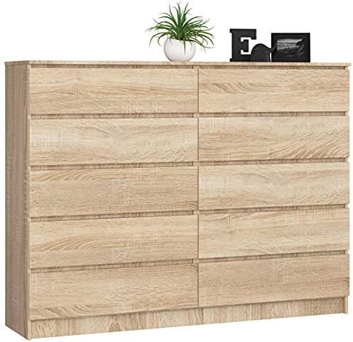 AKORD Kommode K-160 mit 10 (2 x 5) Schubladen | für das Wohnzimmer Schlafzimmer Schrank Büro Arbeitszimmer | Modernes Funktionales Design | B160 x H121 x T40 cm, Gewicht 80kg | Sonoma Eiche
