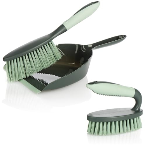 com-four® 3-teiliges Reinigungs-Set, Handfeger, Kehrschaufel, Handbürste | Kehrgarnitur für den Haushalt - Handfeger und Kehrblech