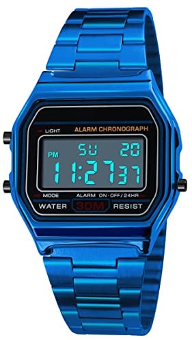Yuehuamech Orologio digitale da uomo, al quarzo, lussuoso, da lavoro, cronografo elettronico fino a 30 m, impermeabile, orologio sportivo con cinturino in acciaio inox e retroilluminazione a LED, Blu