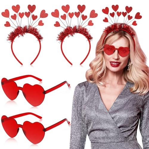 Sinmoe 4 Stück Valentinstag Geschenke Stirnbänder Herzform Sonnenbrillen | 2 Rote Herz Pailletten Stirnbänder, 2 Herz Randlose Sonnenbrillen, Für Herren Damen, Hippie Brille und Glitzer Bopper