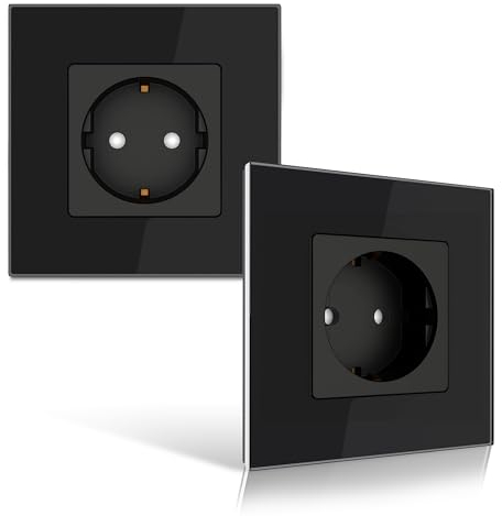 PULSAR Steckdose 1 Fach 2er Pack Wandsteckdose Schwarz Glas Einfach - Unterputzsteckdose 16A mit Glasrahmen Abdeckung und Kindersicherung - Einzelsteckdose Flach Steckdosen Set Komplett