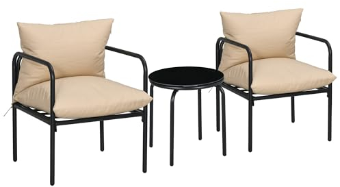Outsunny 3tlg. Gartenmöbel-Set, Bistro-Set mit 2 Stühlen, 1 Couchtisch, Balkonmöbel-Set mit Sitzkissen, Gartensitzgruppe für Balkon, Terrasse, Stahl, Beige