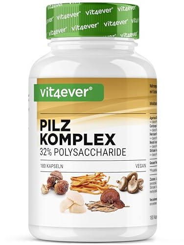 Pilz Komplex - 180 Kapseln - Hochdosiert mit 1500 mg Extrakt pro Tagesdosis - 32% Polysaccharide - Löwenmähne (Hericium), Reishi, Cordyceps, Shitake & Agaricus Blazei - Vegan