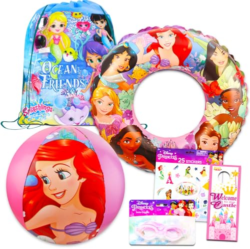 Disney Prinzessinnen-Pool-Spielzeug-Set für Mädchen – Prinzessinnen-Geschenkpaket mit aufblasbarem Schwimmring, Brille, Strandball, Tasche, Sonnenbrille, Aufklebern und mehr |