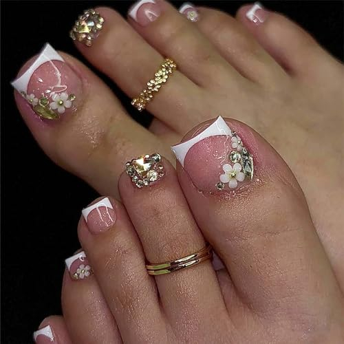 24PCS French Fake Toe Nails - 12 Sizes Short False Toenails - Square Rhinestones Flower Design Press on Nails - Nude Nail Tips Artificial Nails Manicure Easy Apply & Remove