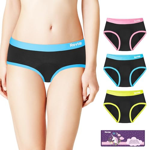 Rovtop Mädchen Teenager Perioden Unterwäsche, 3 Stücke/4-lagige Auslaufsicher Menstruationshose Unterhosen, 30 ml Periodenunterschwäsche Ultra Absorbierend Menstruationsunterwäsche, XL(Rosa/Gelb/Blau)