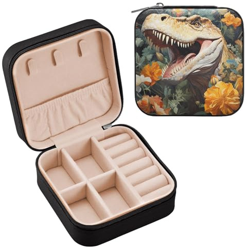 ALAZA Schmuckkästchen für Damen, Mädchen, Dinosaurier und Blumen, kleine Reise-Schmuckschatulle, tragbare Schmuckaufbewahrung, Aufbewahrungsbox, PU-Leder, für Ringe, Ohrringe, Halsketten, Geschenke