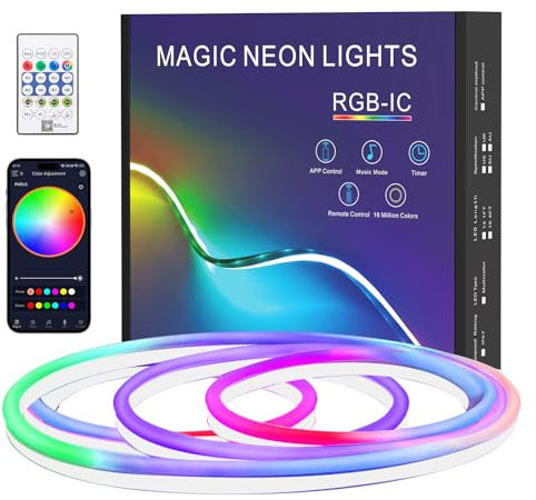 Neon LED Strip 1m, IP67 Waterproof Silikon LED Streifen mit Fernbedienung und App-Steuerung, 5V RGB LED Band Neon Seil Lampe, DIY-Formen, Musik Sync für Innen-Außendekoration