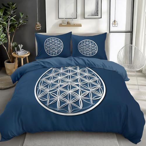 CozyRest Bettwäsche Blau 135 x 200 cm Blumen Wende Bettwäsche Set Blume des Lebens Microfiber Boho Gedruckt Bettbezug Set mit Kissenbezug 80x80 cm für Einzelbett, mit Reißverschluss