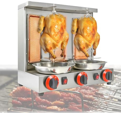 VoOqo Commercial Turkish Shawarma Grill Machine Gas Vertical Rotisserie Barbecue Oven Rotation with 3 Burners, 360° Rotating,Temperatures Control, Stainless Steel, for Home Restaurant Kitchen Parties