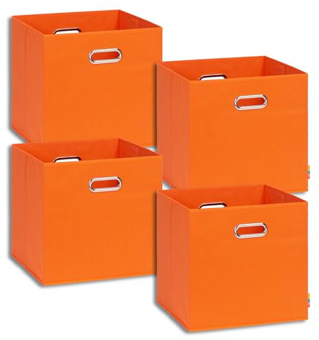 Storanda | 4er Set Aufbewahrungsbox 33x33x32.5 cm | Breite Griffe auf zwei Seiten | Stabil & Faltbar | Regalbox für Würfelregal | Ideal für Zuhause & Kinderzimmer | Orange