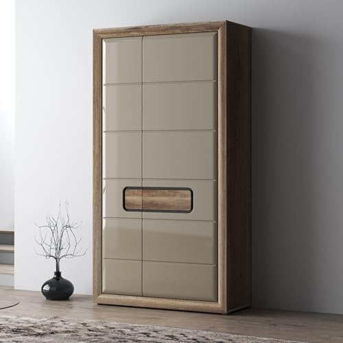 Forte TIZANO Kleiderschrank 110, Schrank mit Hochglanzfronten, Zwei Drehtüren und Einlegeböden, Holzwerkstoff, Eiche Antik/Beige Glanz, 108,8 cm breit, 203,4 cm hoch, 54,2 cm tief