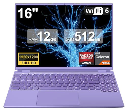 Ordenador Portátil 16 Pulgadas Celeron N5095 Up to 2.9Ghz, Portátil Win 11 Pro 5G WiFi 12+512GB SSD Expansión 1TB, BT 4.2 Mini Puerto Multimedia Portatiles Ventilador Refrigeración 1920X1200-Morado