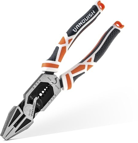 VANQUISH 8-in-1 Linesman Pliers, 8’’ Multipurpose Combination Pliers Wire Cutter/Crimper/Stripper, CRV Steel Hand Tool, Heavy Duty Side-Cutting Pliers for Crimping, Stripping, Shearing, Screwing, 3238