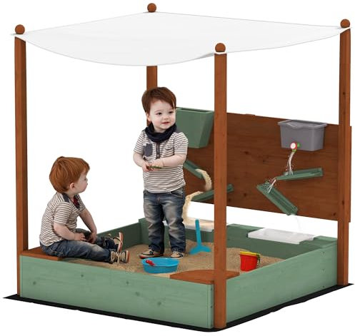 AIYAPLAY Wooden Kids Sandpit Outdoor Sandbox with Canopy with 2 Storage Bins, Funnel, Liner, Chutes, Bucket with Tap for 3-6 Years, 116 x 112.5 x 128 cm, Green