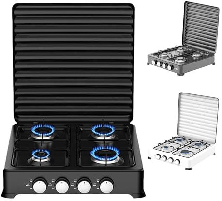 WUDLi Cocina de Gas Portátil, Hornillo de Interior, Cocina de 4 Quemadores de Acero Inoxidable, Control de Fuego por Pomo, Apto para Muchos Utensilios de Cocina Black