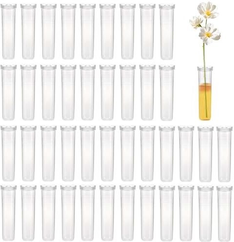 42 Stück Reagenzgläser für Blumenröhrchen, Reagenzglas Vase, Kunststoff Reagenzglas für Blumen Wasserröhrchen für Blumen mit Kappen, zum Frischhalten von Pflanzen und Blumens (7 x 1.5 cm)