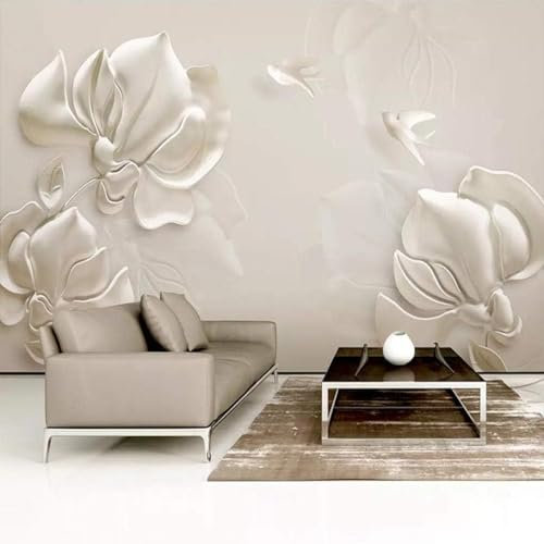 XLMING Rilievo In Gesso Fiori Bianchi Uccelli 3D Carta da Parati Decorativo Studio Soggiorno Camera da Letto Parete Divano TV Muro-150cm×105cm