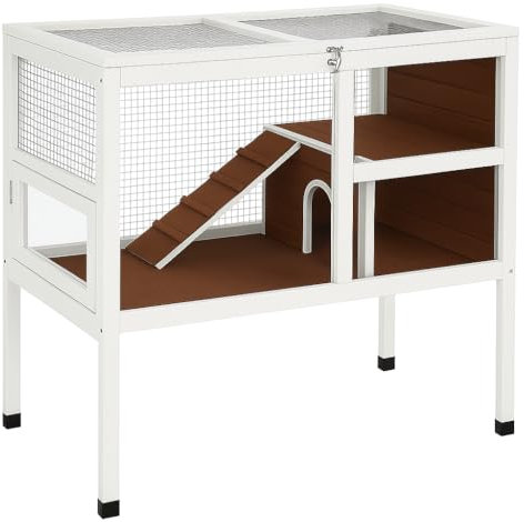 Meerschweinchenkäfig 2-stöckig mit Ständer Indoor Holz Hamsterkäfig mit Rampe Ausziehbar Tablett Versteck & Plattform Acryl Transparent Kleintier Lebensraum für Chinchillas, Frettchen, Igel, Walnuss