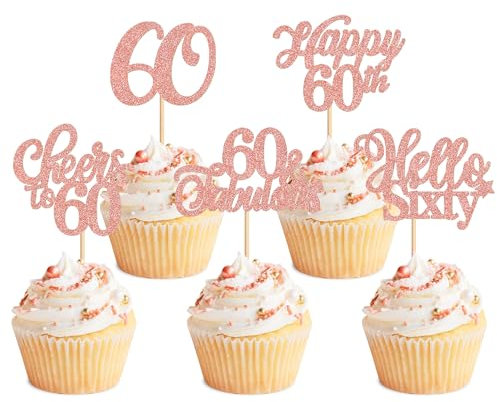 Blumomon 30Pcs Rose Gold 60th Happy Birthday Cupcake Toppers Happy 60 Cupcake Topper Cheers to 60 Fabulous Cake Decoration for 60th Birthday Party Decoration 60th Anniversary Cake Decoration