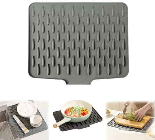 Silicone Dish Drying Mat for Kitchen Counter - Non-Slip, Sloped Design for Fast Drainage, Heat Resistant & Eco-Friendly Drying Rack Replacement, Dishwasher Safe, Fits by Sink