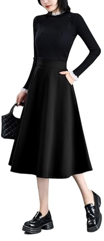 Beeblily Jupe Longue Femme Hiver Élégant Laine Carreaux Midi Skirt Taille Haute A-Ligne Taille élastique Chaud Plissée Jupe