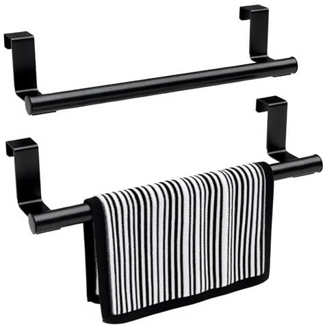 Black Towel Holder, 2 Pack Over The Door Towel Rail Stainless Steel Kitchen Tea Towel Rail 36cm No Drill Towels Racks for Cupboard Drawer Cabinet Bathroom