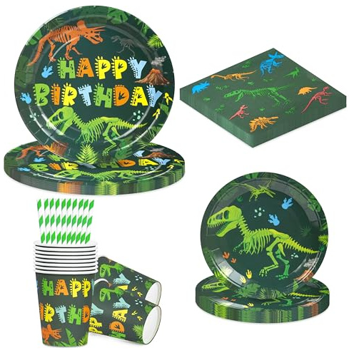 BuyCard Dino Geburtstag Deko Set 60-teilig – Dinosaurier Geburtstagsparty | Dino Geburtstag Deko für 10 Gäste – Teller, Becher, Servietten im Dino-Design. Bunt & fröhlich für jede Feier