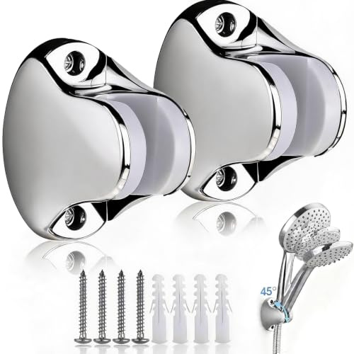 2 Pcs Wall Mount Shower Head Holder, Large Angle Adjustable Universal Handheld Shower Holder Bracket Replacement, Hose Bracket with Mount Screws for Home Hotel Bathroom(Silver)