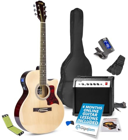 Max ShowKit Electro Acoustic Guitar Starter Pack with 40W Amplifier & String Cleaner, Tuner, Picks, Bag, Strap & Spares – Complete Beginner Acoustic Guitar Kit with Cleaning Tool, Natural Finish