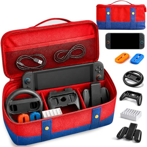 Kurora Komplettes Switch 2 Zubehörpaket – Gaming-Reisetaschen-Kit mit Controller-Griffen, Lenkrad und Spielkartenhalter (Rot und Blau)