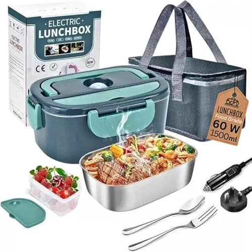 Electric Lunch Box for Adults, 60W Heated Lunch Box 1.5L Hot Food Warmer 12/24/220V Portable Fast Heat Lunchbox with SS Container, Thermal Bag, Car & Home Food Heater for Work, Truck, Office, Travel