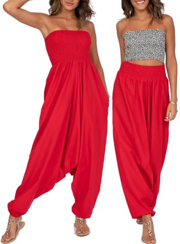likemary Jumpsuit for Women UK – Cotton Jumpsuit Pulls Down into Harem Pants – 2-in-1 Summer Trousers with Pockets and Elasticated Waist - Red