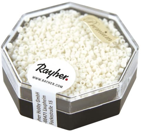 Rayher Delica-Rocailles, Miyuki-Rocailles, opak matt, weiß, 1,6 mm ø, Dose 6 g, Perlen zum Auffädeln, Glasperlen klein, 14764102