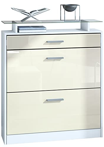 Vladon Schuhschrank Loret 89 x 104 x 23 cm Schuhkipper für 16 Paar Schuhe mit 1 Schublade, 1 Glasablage, Farben Weiß matt & Creme Hochglanz