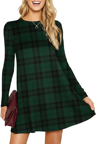 Womens Ladies Party Dresses for Women UK Long Sleeve Midi Plain Flared A line Skater Swing Dress Jersey Tee Plus Size Dress Summer Winter Bottle Green Tartan 20-22
