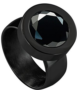 Quiges Schwarzer Ring Edelstahl Glänzend 12mm Mini Coin Halter Wechselring und Austauschbar Schwarzes Rundes Zirkonia Coin in Größe 18mm