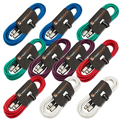 VisioSound 10 x 6m Male to Female XLR Mic Leads/Balanced Microphone Cables / 8 Colours / 10 Pack Multi-Coloured