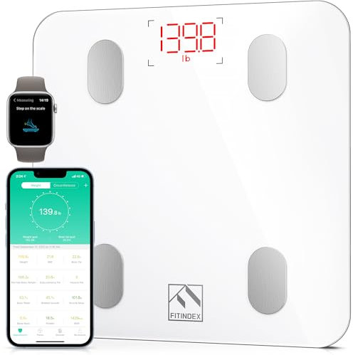 Pèse Personne Impédancemètre, FITINDEX Balance Connecté, Pèse-Personne Bluetooth Balance Salle de Bains Impedancemetre avec 13 Données Corporelles (BMI/Muscle/Graisse Corporelle/Masse Osseuse), Blanc